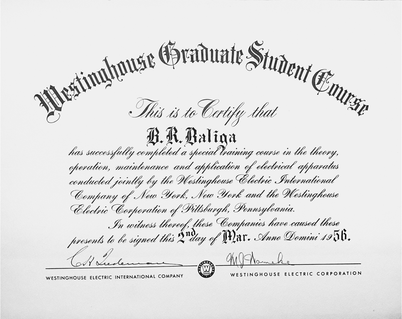 Certificate for Economics and Advanced Engineering course