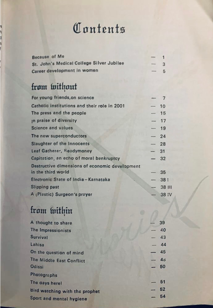 Table of Contents from 'Memories' magazine