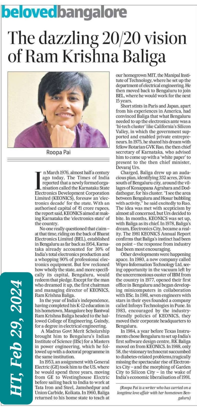 Hindustan Times article on Ram Krishna Baliga